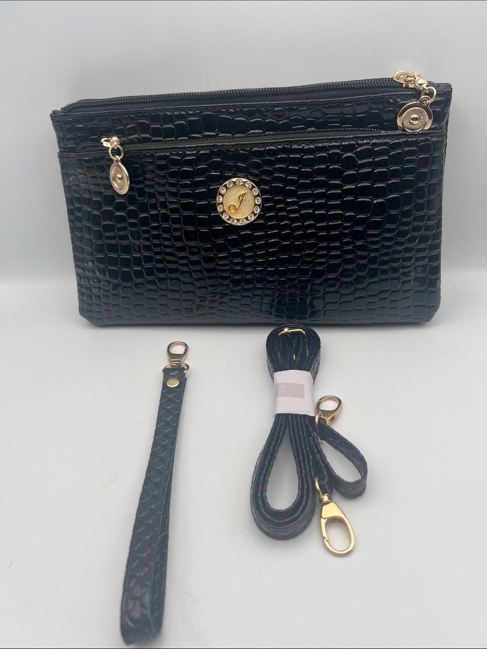 Black Croc-Embossed Wristlet Crossbody with Gold Accents